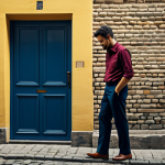 A professional male jazz musician, fully clothed in a modest, smart casual outfit of a burgundy shirt and dark trousers, stands on a historic cobblestone street. He is carefully affixing a vibrant street poster to an old, weathered brick wall. The poster design features a clear, elegant title in a golden-yellow hue against a deep blue background, showcasing excellent contrast and readable typography. The composition is balanced with 'breathing room', avoiding visual chaos. The overall scene is well-lit, capturing the soft afternoon light.