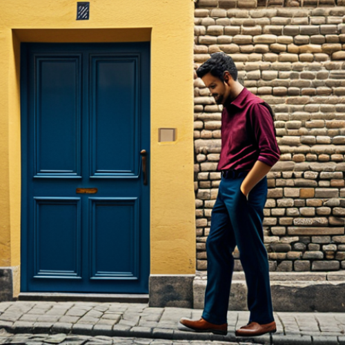 Home 17 A professional male jazz musician, fully clothed in a modest, smart casual outfit of a burgundy shirt and dark trousers, stands on a historic cobblestone street. He is carefully affixing a vibrant street poster to an old, weathered brick wall. The poster design features a clear, elegant title in a golden-yellow hue against a deep blue background, showcasing excellent contrast and readable typography. The composition is balanced with 'breathing room', avoiding visual chaos. The overall scene is well-lit, capturing the soft afternoon light.