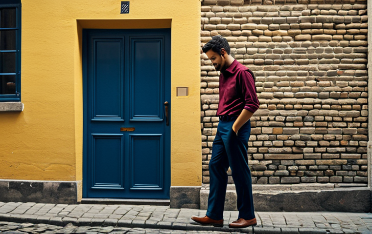 A professional male jazz musician, fully clothed in a modest, smart casual outfit of a burgundy shirt and dark trousers, stands on a historic cobblestone street. He is carefully affixing a vibrant street poster to an old, weathered brick wall. The poster design features a clear, elegant title in a golden-yellow hue against a deep blue background, showcasing excellent contrast and readable typography. The composition is balanced with 'breathing room', avoiding visual chaos. The overall scene is well-lit, capturing the soft afternoon light.