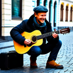 거리공연 관련법 - A street musician in Moscow, playing an acoustic guitar on a pedestrian street near GUM. He is fully...