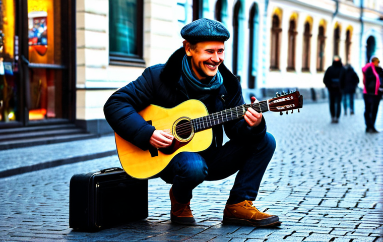 거리공연 관련법 - A street musician in Moscow, playing an acoustic guitar on a pedestrian street near GUM. He is fully...