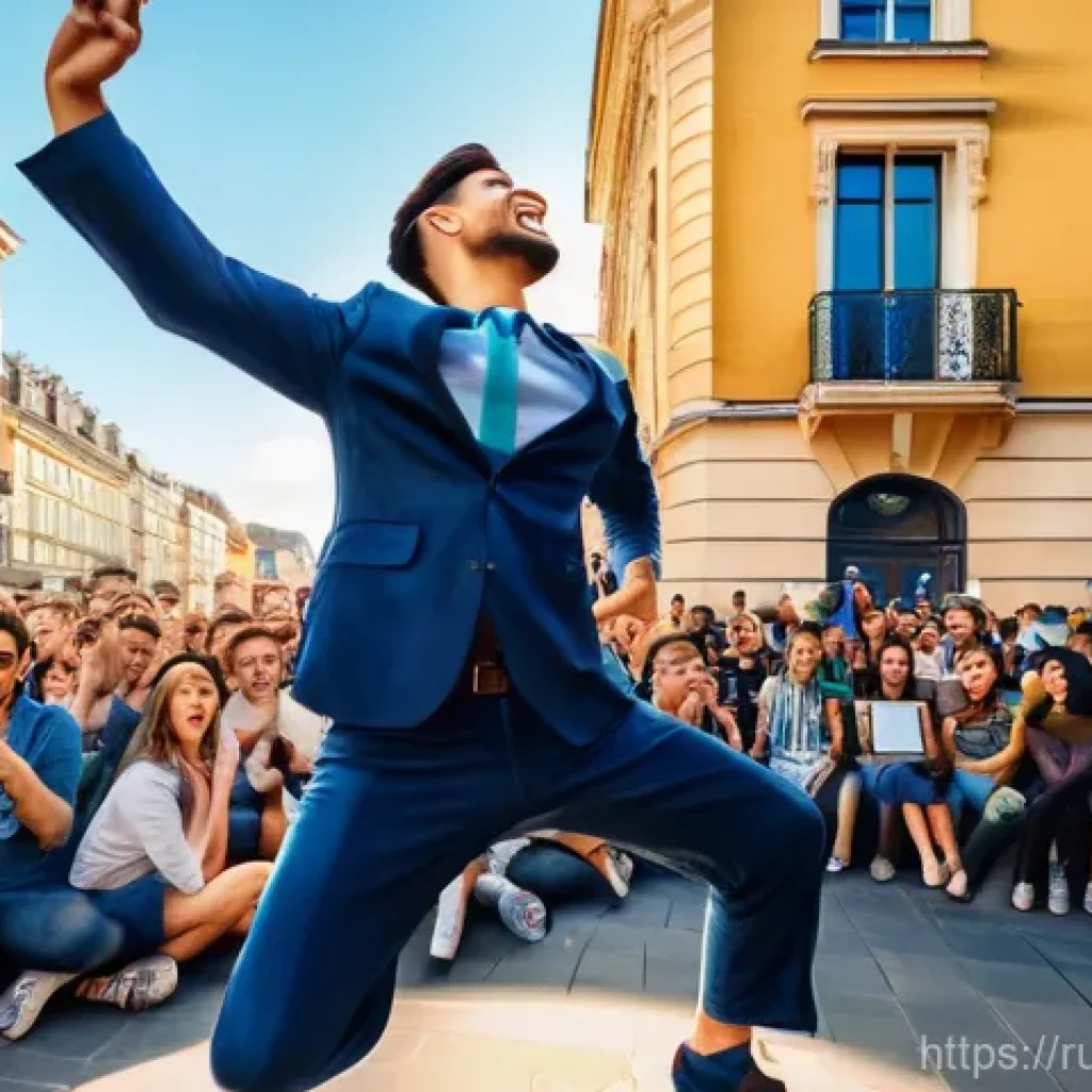 거리공연에서의 사회적 역할 - **A Vibrant Urban Symphony of Street Art:** An energetic wide shot of a bustling European city squar...