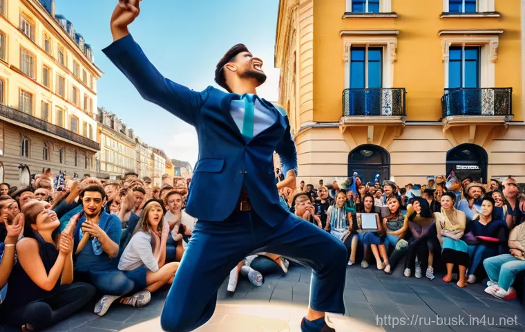 거리공연에서의 사회적 역할 - **A Vibrant Urban Symphony of Street Art:** An energetic wide shot of a bustling European city squar...