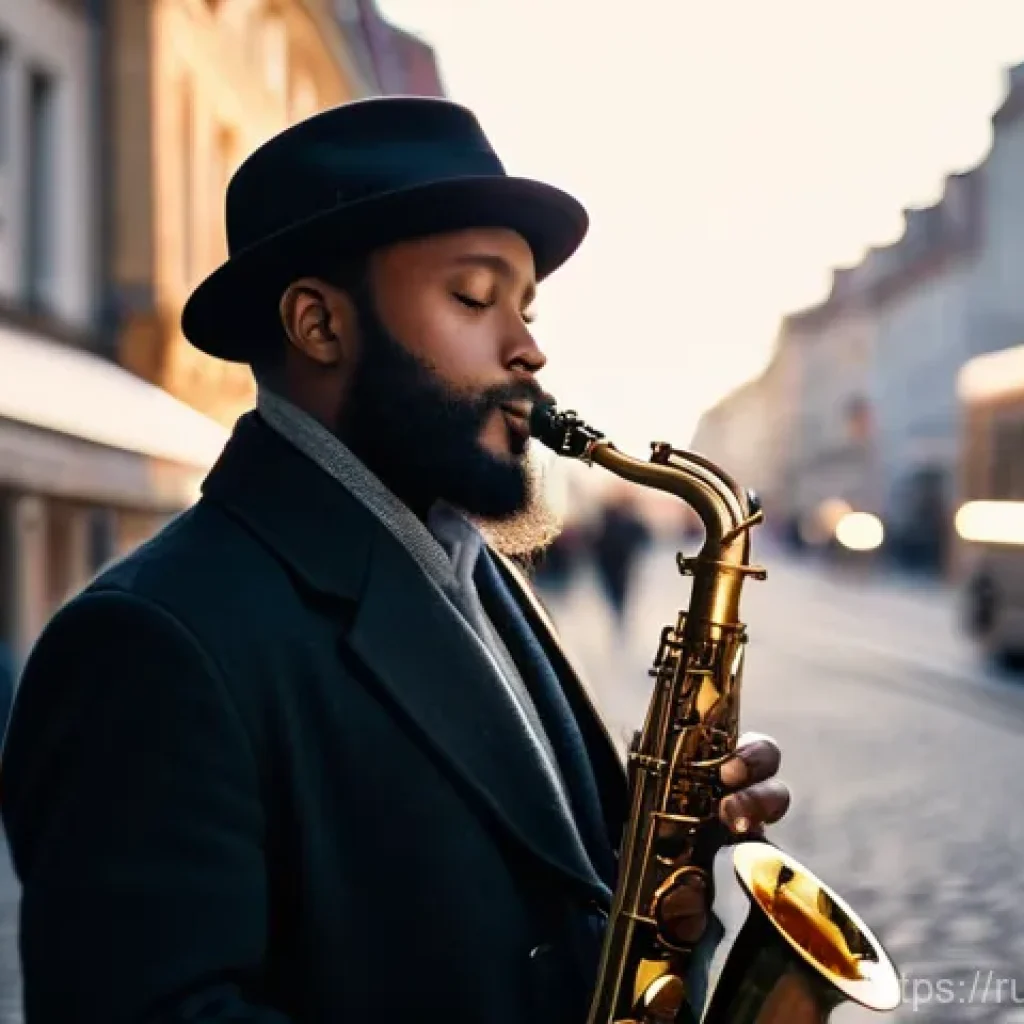 거리공연에서의 감동적인 순간 - A soulful street saxophonist, a man in his late 30s with a neatly trimmed beard, wearing a worn but ...