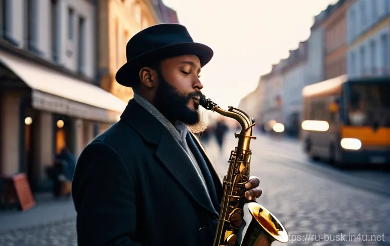 거리공연에서의 감동적인 순간 - A soulful street saxophonist, a man in his late 30s with a neatly trimmed beard, wearing a worn but ...