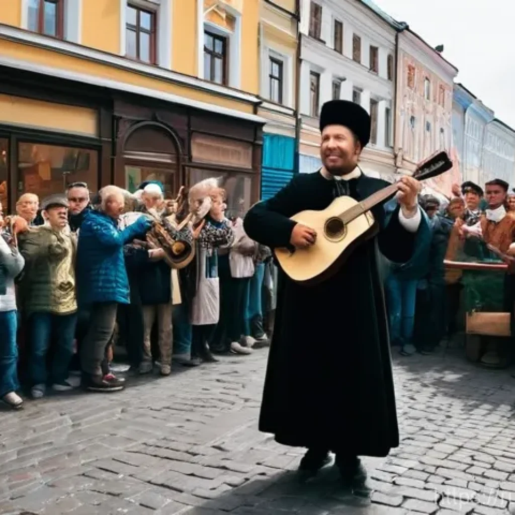 거리공연 성격별 공연 사례 - **"Magic of the Old Arbat"**: A bustling, wide-angle street scene on Moscow's Old Arbat. In the fore...