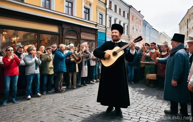 거리공연 성격별 공연 사례 - **"Magic of the Old Arbat"**: A bustling, wide-angle street scene on Moscow's Old Arbat. In the fore...