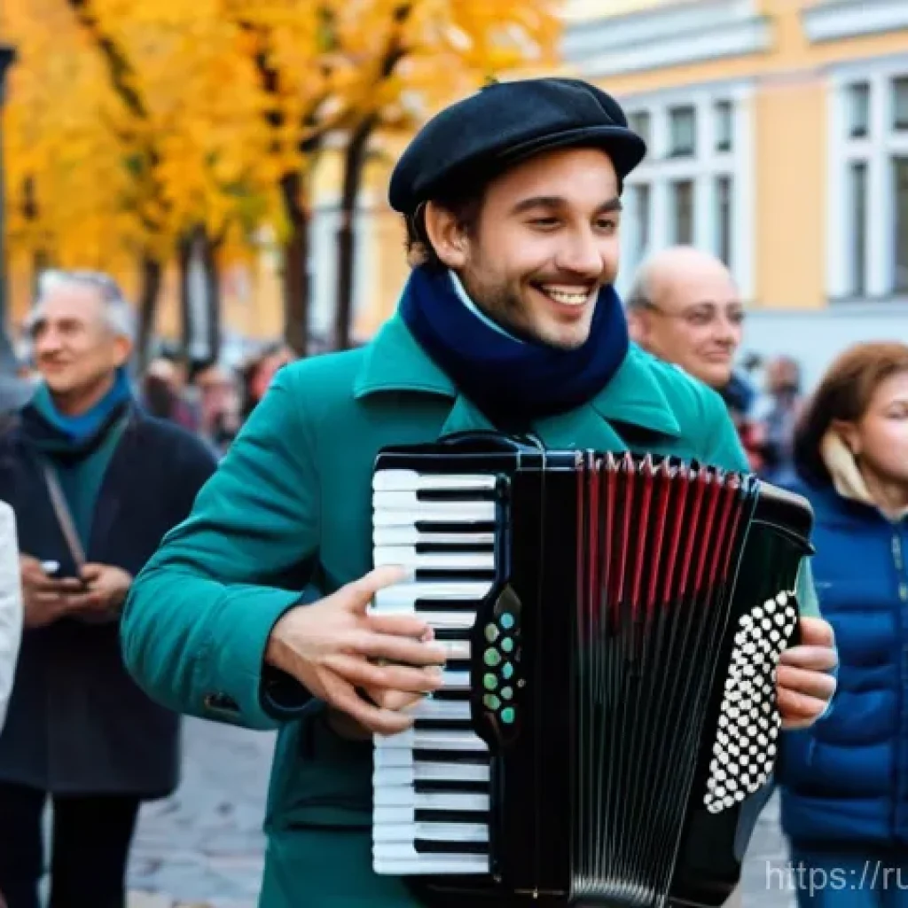 거리공연의 문화적 영향 - **Prompt:** A vibrant, bustling street scene in St. Petersburg, Russia, on a crisp autumn day. In th...