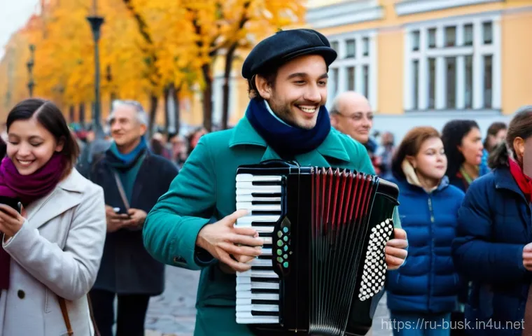 거리공연의 문화적 영향 - **Prompt:** A vibrant, bustling street scene in St. Petersburg, Russia, on a crisp autumn day. In th...