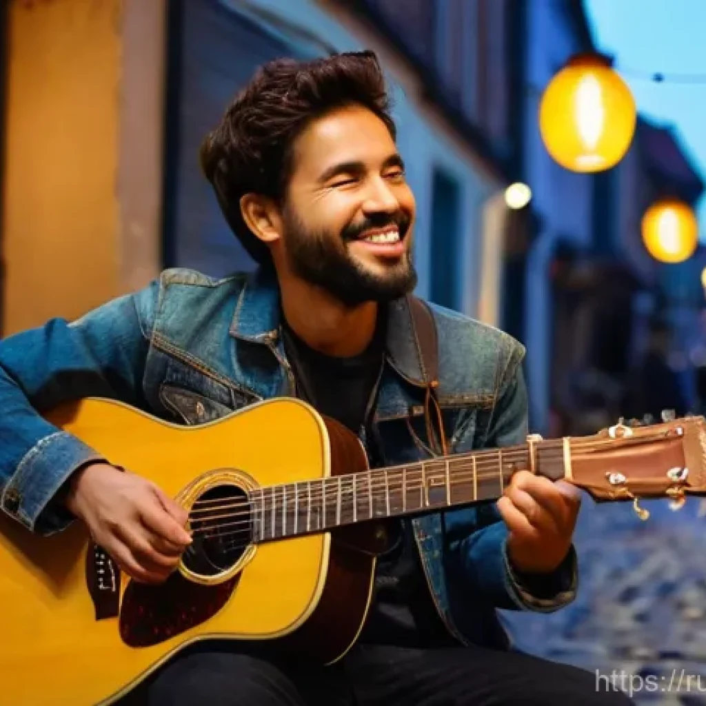거리공연을 위한 기초 교육 - **Urban Acoustic Serenade at Dusk**
    A male street musician in his late 20s, with a neat beard an...