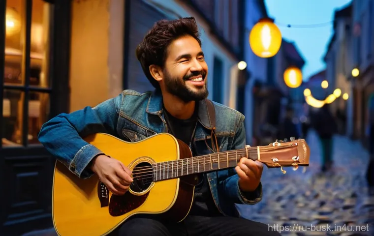 거리공연을 위한 기초 교육 - **Urban Acoustic Serenade at Dusk**
    A male street musician in his late 20s, with a neat beard an...