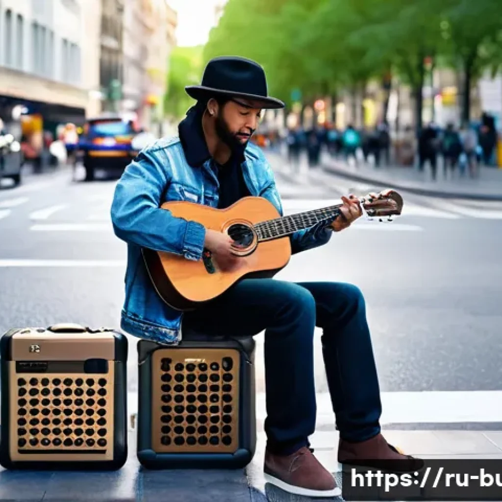 거리공연의 상업화와 그 한계 - **The Modern Busker with Digital Donations:**
    "A talented street musician, aged around 30, with ...