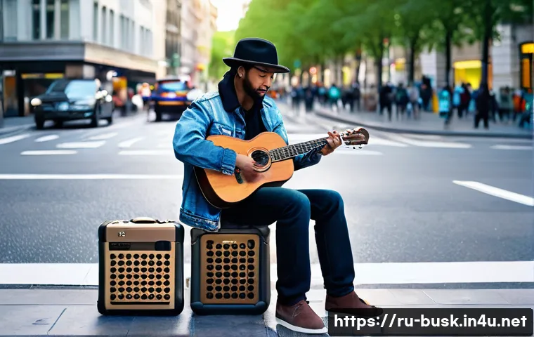 거리공연의 상업화와 그 한계 - **The Modern Busker with Digital Donations:**
    "A talented street musician, aged around 30, with ...
