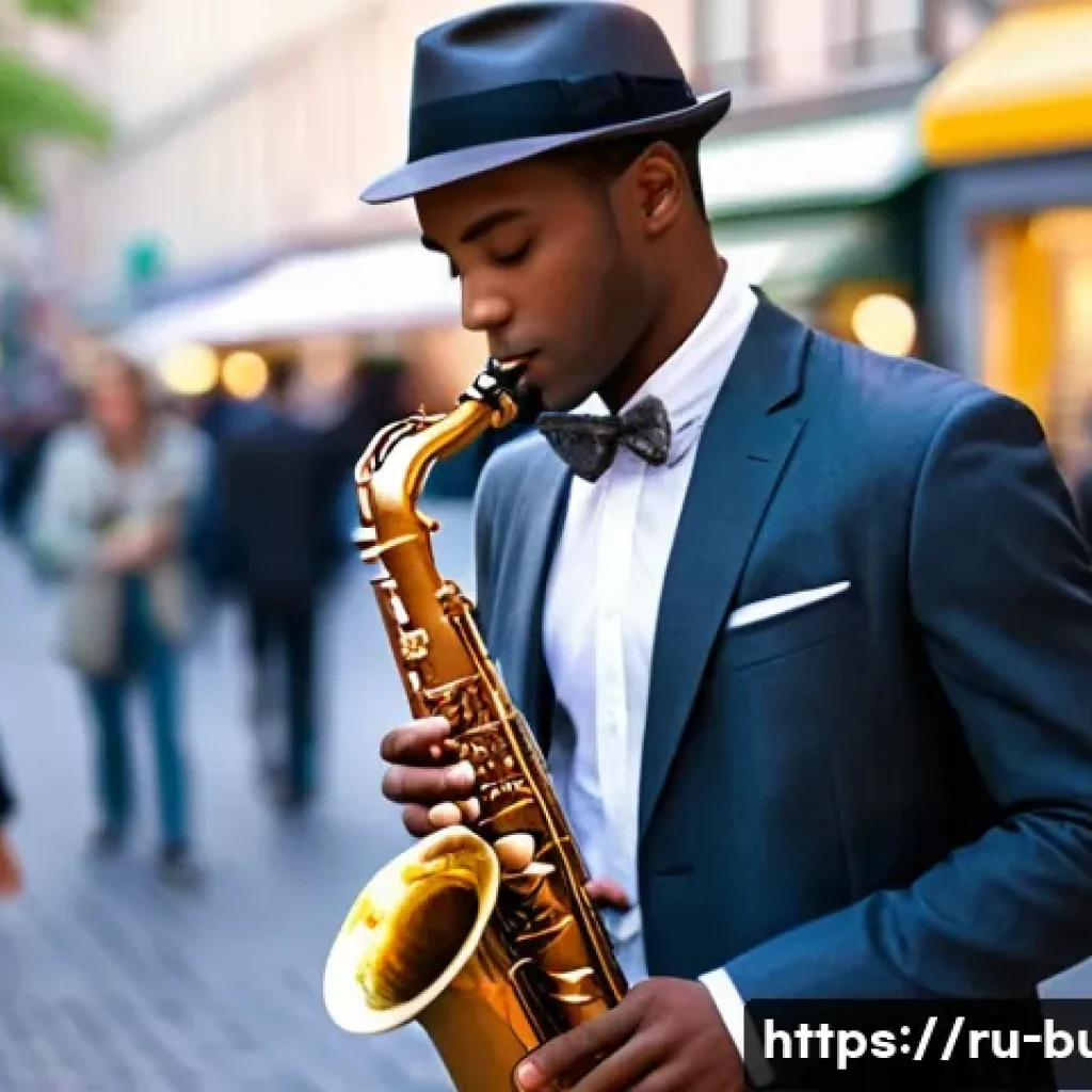 거리공연을 위한 의상 디자인 아이디어 - **Prompt:** A charismatic male street musician, mid-performance, playing a gleaming saxophone on a b...