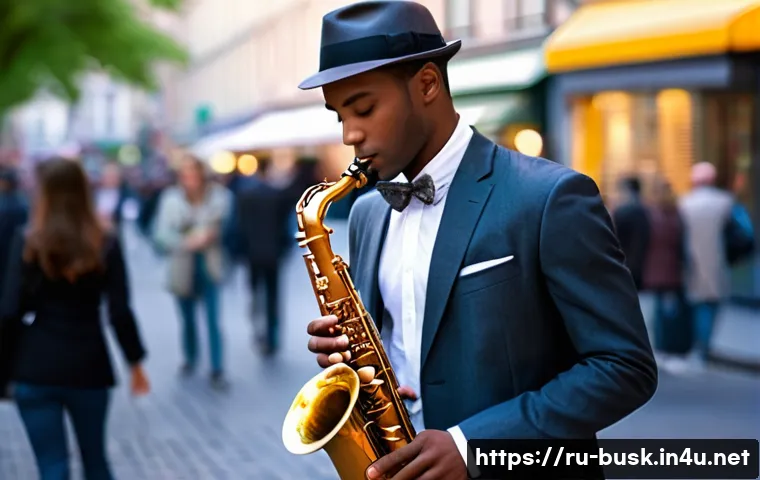 거리공연을 위한 의상 디자인 아이디어 - **Prompt:** A charismatic male street musician, mid-performance, playing a gleaming saxophone on a b...