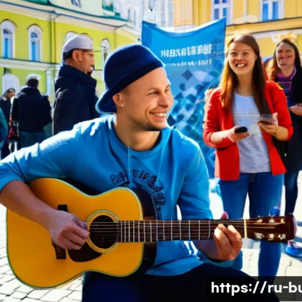 거리공연을 위한 후원금 모금 방법 - A vibrant street performance scene in a busy Russian city square during daytime, featuring a charism...