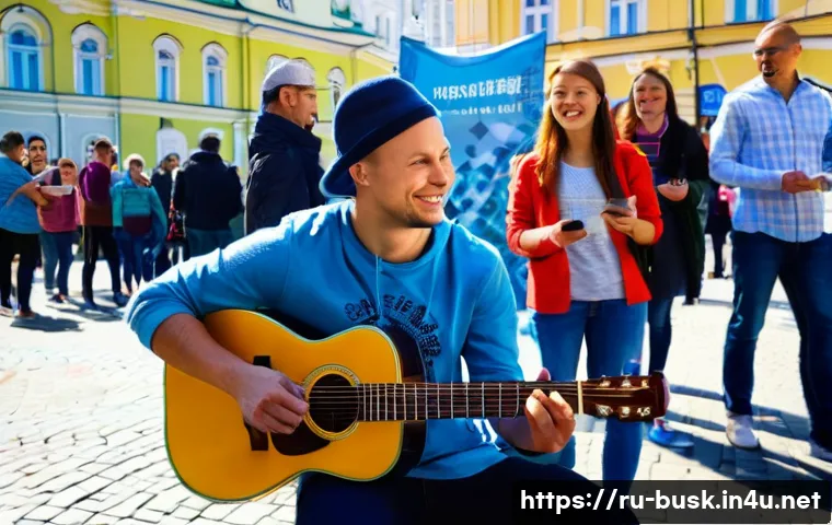 거리공연을 위한 후원금 모금 방법 - A vibrant street performance scene in a busy Russian city square during daytime, featuring a charism...