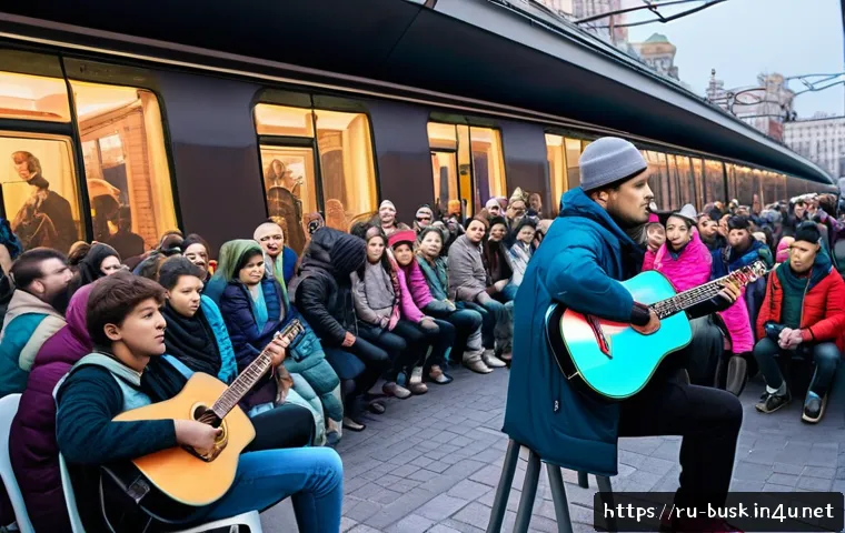 거리공연의 수익 창출 방법 - A vibrant street performance scene near a busy Moscow metro station during early evening, featuring ...