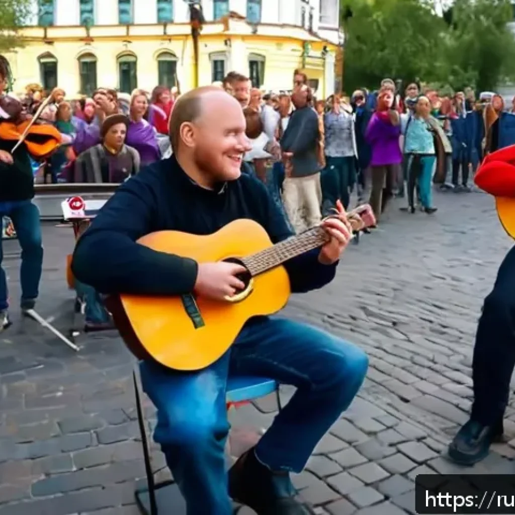 거리공연의 예술적 가치 - A lively street scene in a bustling Moscow square featuring a group of street musicians performing a...