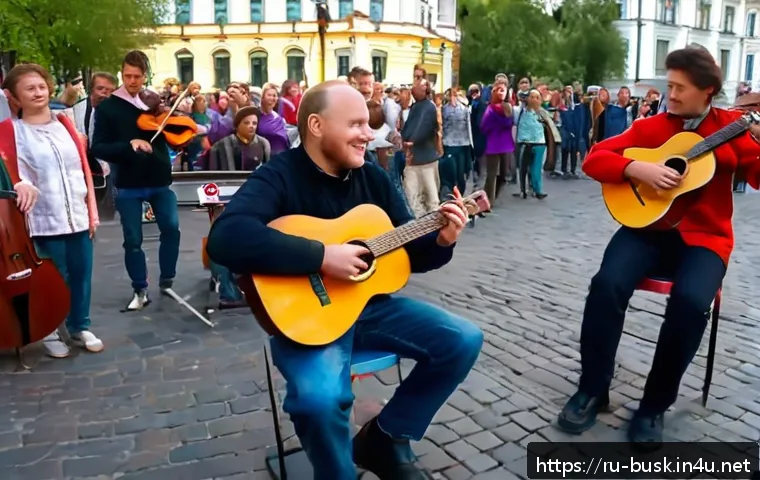 거리공연의 예술적 가치 - A lively street scene in a bustling Moscow square featuring a group of street musicians performing a...