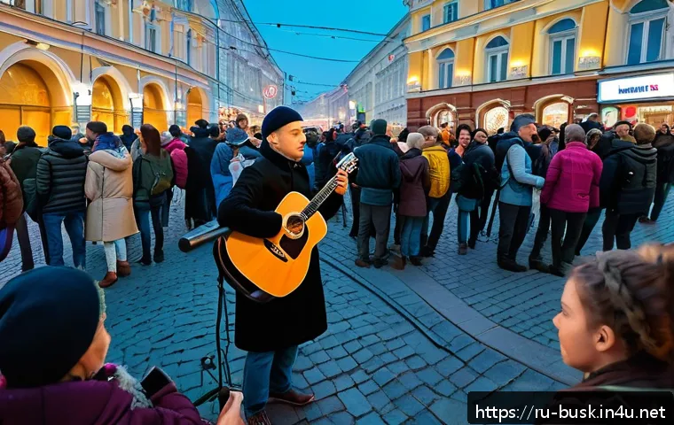 거리공연의 지속 가능성 관리 - A vibrant street performance scene in a bustling Moscow pedestrian area during early evening on a we...