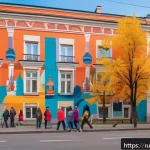 Home 18 거리공연과 비주얼 아트 - A vibrant urban street scene in Moscow featuring a large, colorful mural painted on the side of a re...