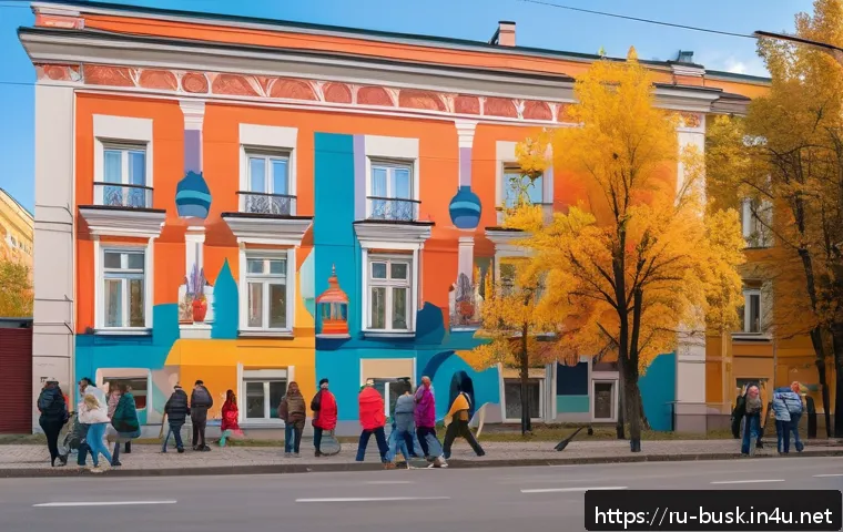 거리공연과 비주얼 아트 - A vibrant urban street scene in Moscow featuring a large, colorful mural painted on the side of a re...