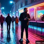 Home 23 거리공연 음악 장르 - A vibrant street scene in Moscow featuring a street musician playing a theremin with electronic synt...