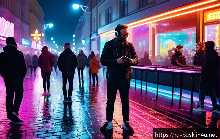 거리공연 음악 장르 - A vibrant street scene in Moscow featuring a street musician playing a theremin with electronic synt...