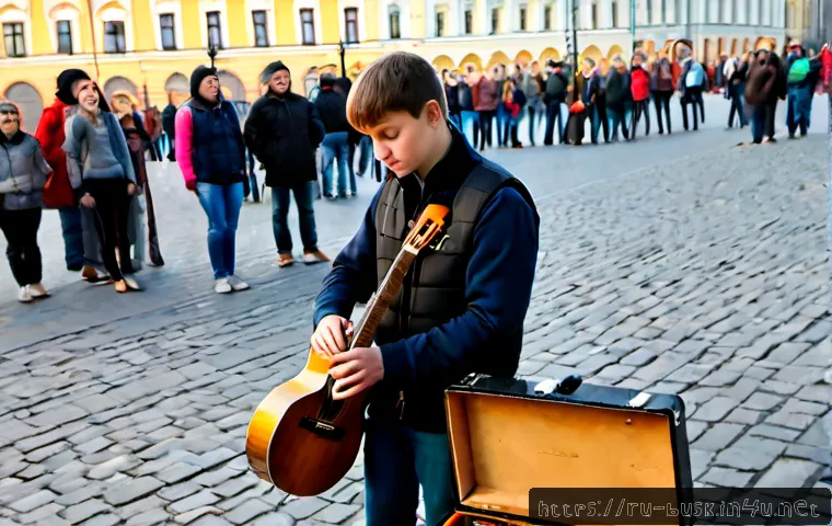 Home 17 거리공연 공연 규칙 - Photorealistic street performance scene in a historic Russian city pedestrian square, a young acoust...
