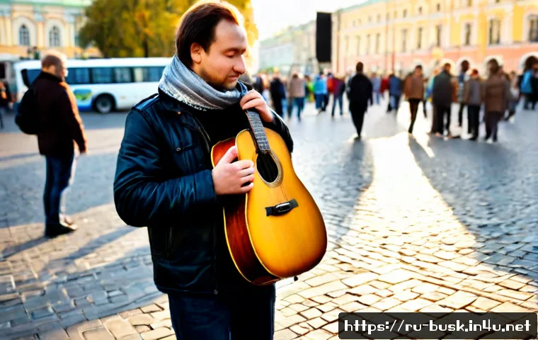 Home 17 거리공연에서의 에너지 관리 - Photorealistic street musician in a lively Moscow pedestrian square during golden hour, taking a cal...