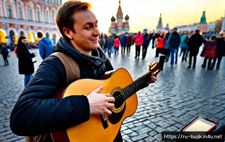 거리공연의 온라인 홍보 방법 - Photorealistic street musician in a lively Moscow pedestrian square during golden hour, playing acou...